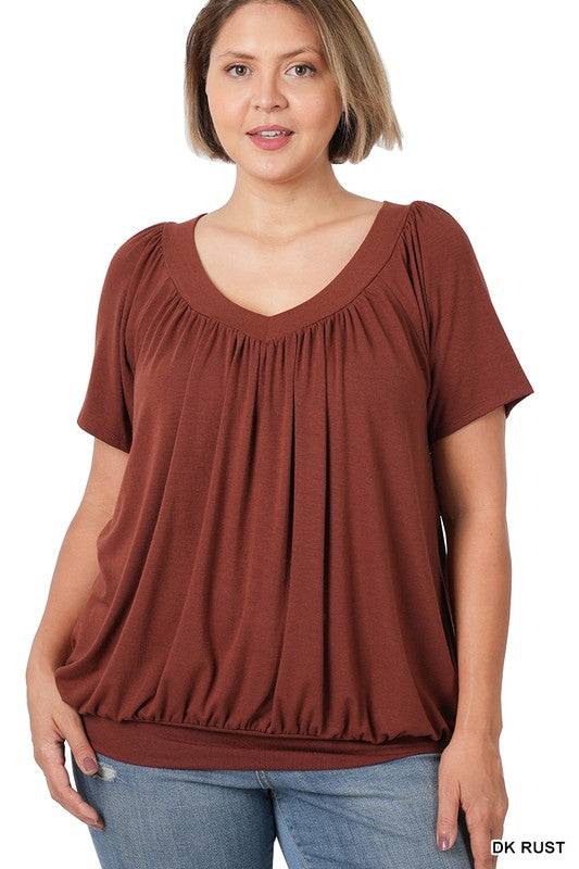 V-neck Short Sleeve Shirring Top