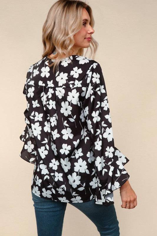Floral V-Neck Blouse with Hi-Low Ruffle Hem Sleeves – Three Quarter Sleeve Waterfall Top