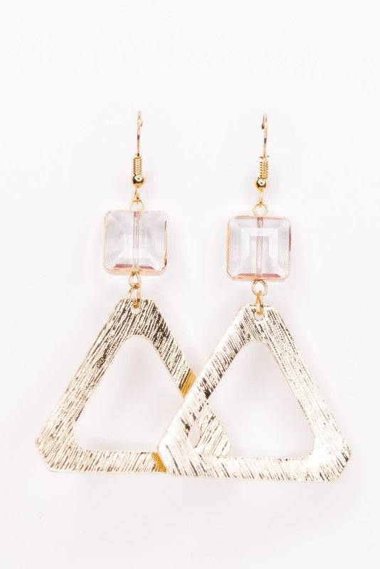Jessica Triangle Earrings with textured gold-tone metal and clear crystal charm, ideal for modern jewelry collections and fashion-forward looks.