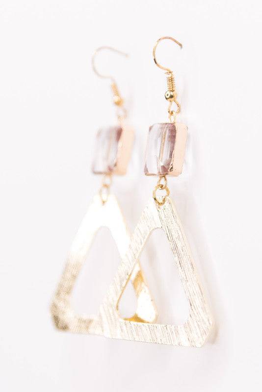 Jessica Triangle Earrings with geometric gold-tone design and crystal detailing, offering a bold yet elegant statement for any jewelry lover.
