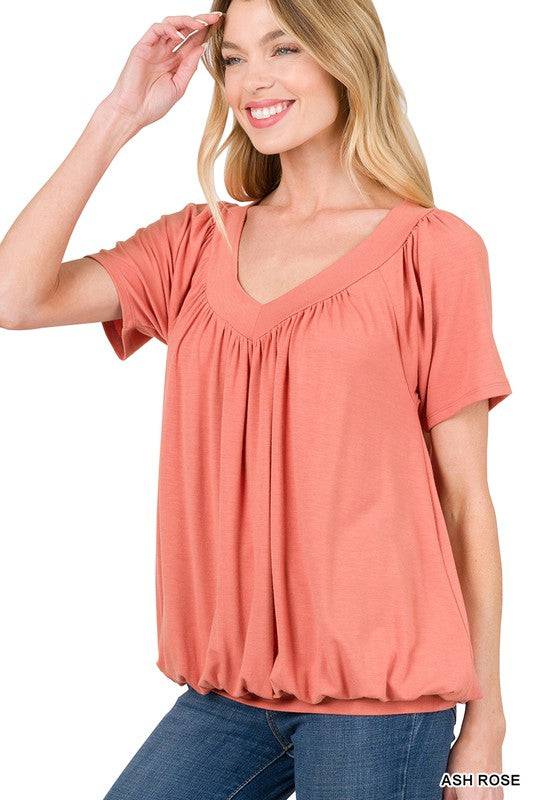 V-neck Short Sleeve Shirring Top