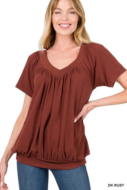 V-neck Short Sleeve Shirring Top