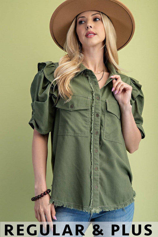 Ruffled Sleeve Linen Button-Up Shirt