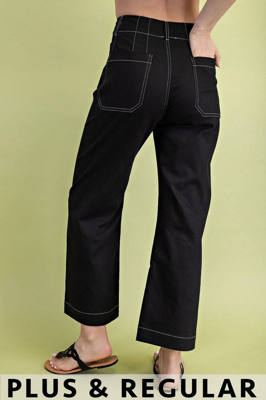 Cropped Wide Leg Pants with Contrast Stitching