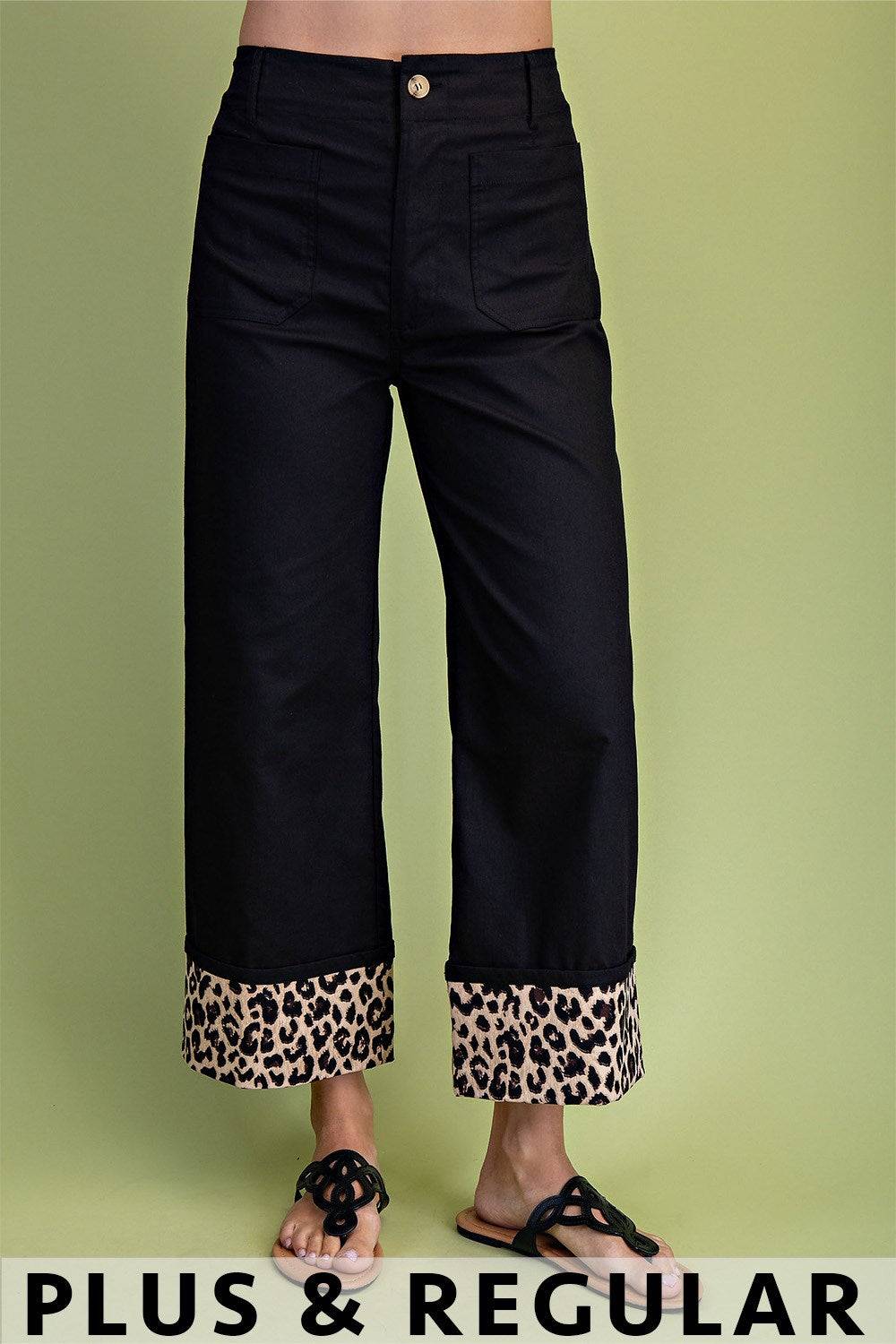 Leopard Cuff Cropped Wide Leg Pants