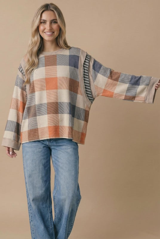 Plaid Colorblock Pullover Knit Top