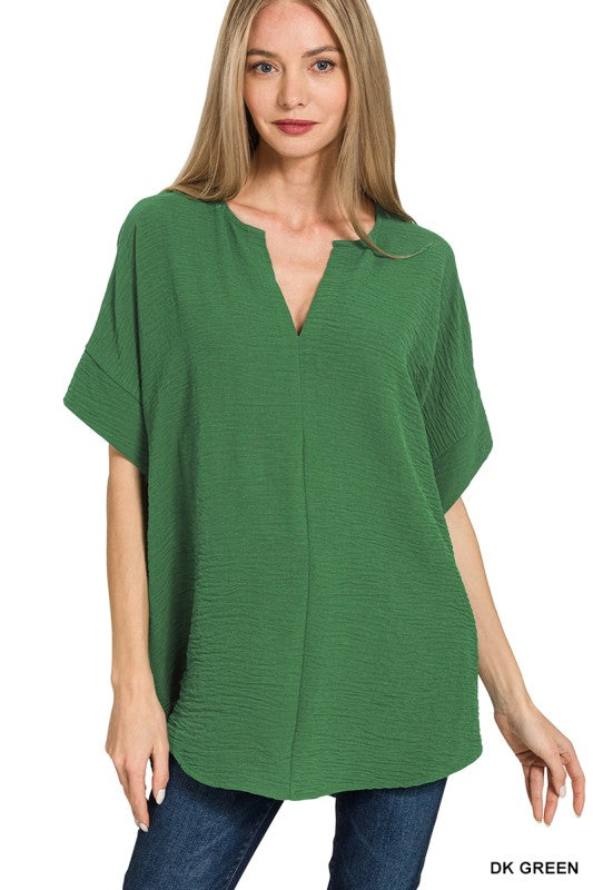 Woven Airflow Split Neck Short Sleeve Top