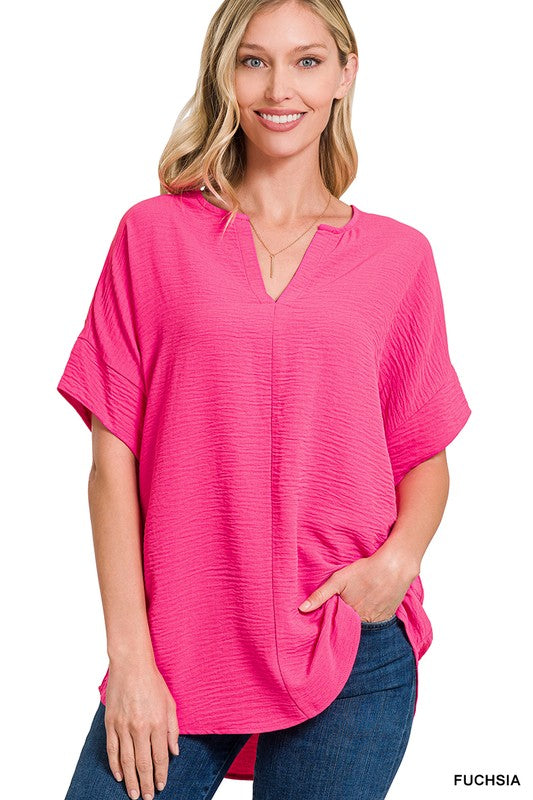 Woven Airflow Split Neck Short Sleeve Top