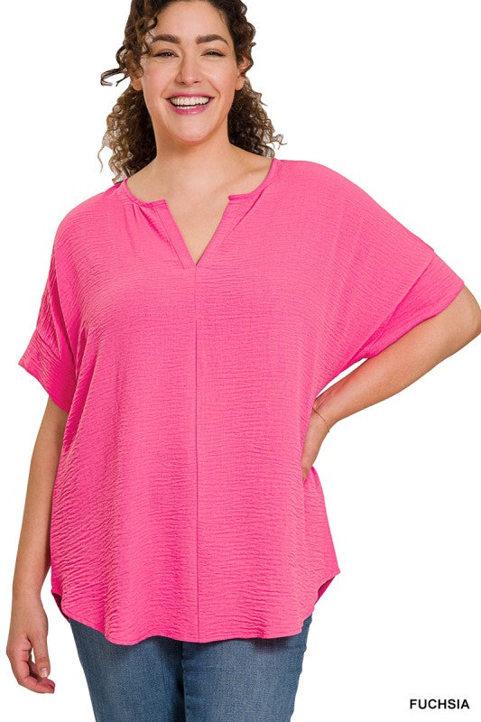 Woven Airflow Split Neck Short Sleeve Top