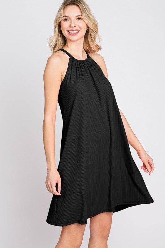 Solid Halter Dress with Keyhole Back