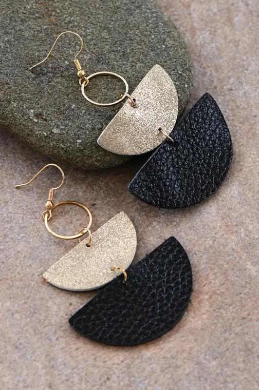 Black and Gold Leather Drop Earrings