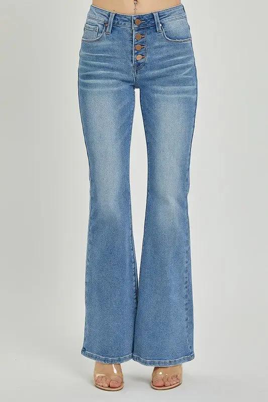 Risen Mid Rise Button Down Flare Jeans at The Swanky Bee!