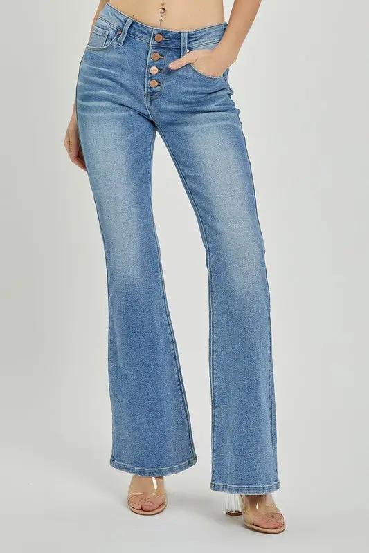 Risen Mid Rise Button Down Flare Jeans at The Swanky Bee!
