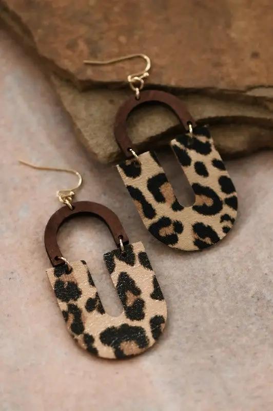 Leopard Print Leather & Wood Drop Earrings