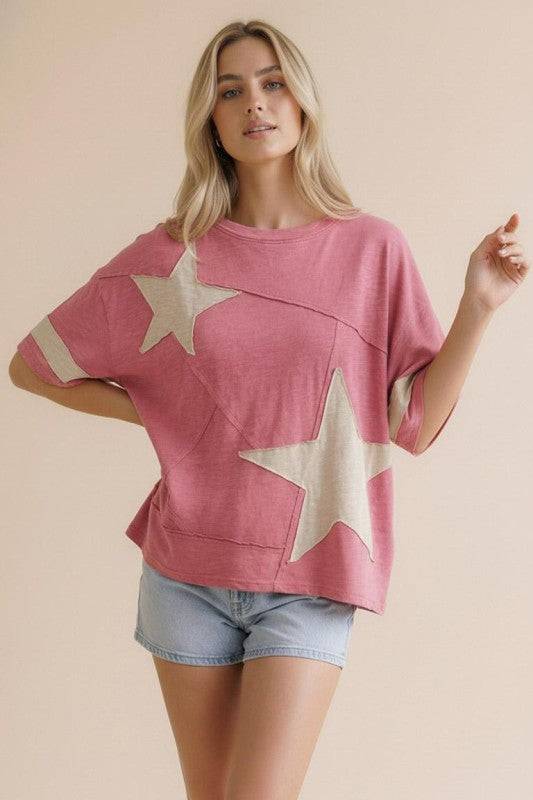 Patriotic Star Patchwork Knit Top for Casual Looks