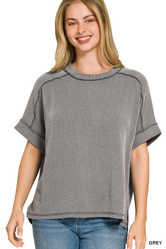 Raised Rib Cuff Sleeve Raw Edge Top