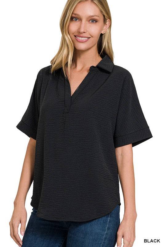 Woven Airflow Collared V-Neck Top
