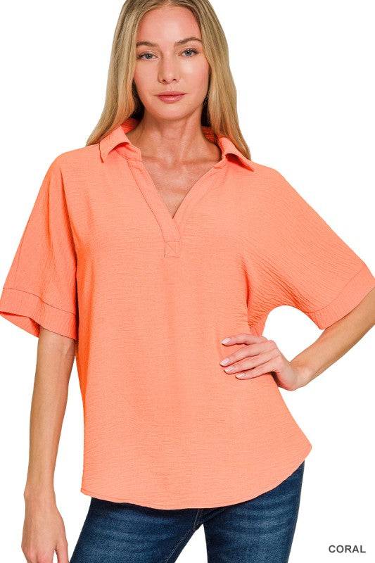 Woven Airflow Collared V-Neck Top