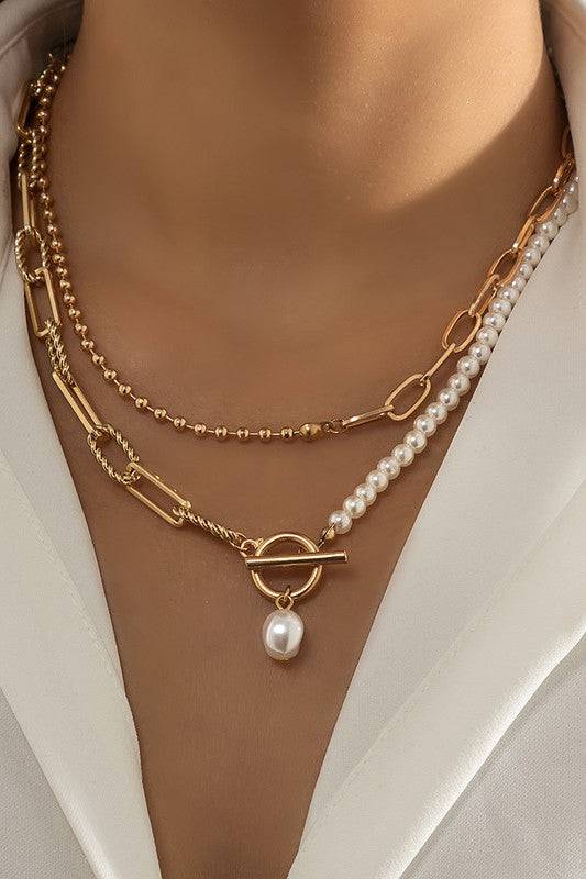 Chain With Pearl Double Layer Toggle Necklace