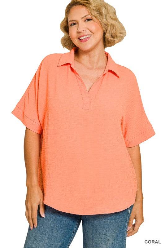 Woven Airflow Collared V-Neck Top for Warm Days