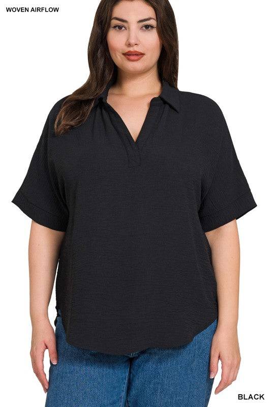 Woven Airflow Collared V-Neck Top