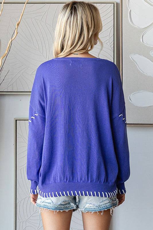 Contrast Embroidery Long Sleeve Knitted Sweater