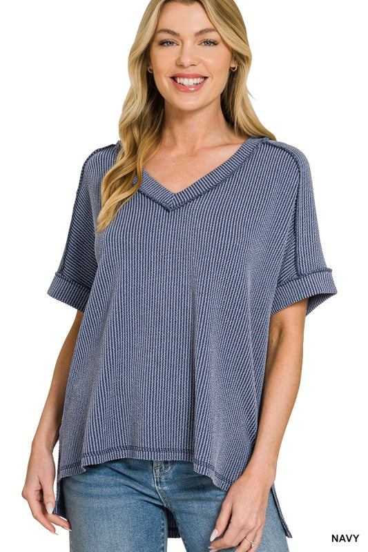 Raised Rib Short Sleeve Hi-Low V-Neck Top