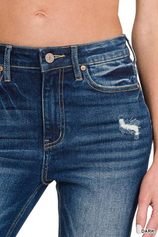 High Rise Straight Leg Cropped Denim – Raw Hem Distressed Stretch Jeans