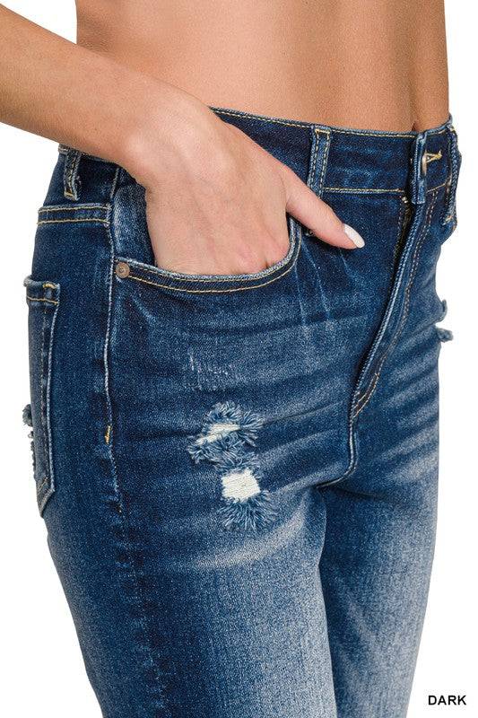 High Rise Straight Leg Cropped Denim – Raw Hem Distressed Stretch Jeans