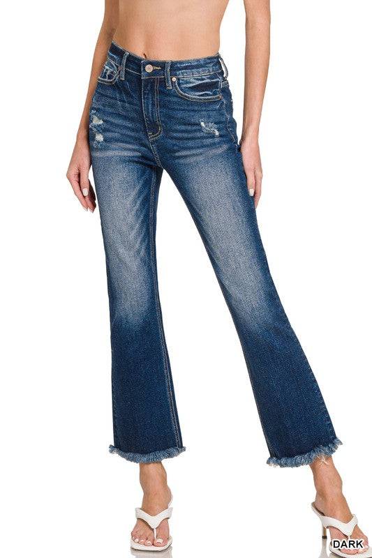 High Rise Straight Leg Cropped Denim – Raw Hem Distressed Stretch Jeans