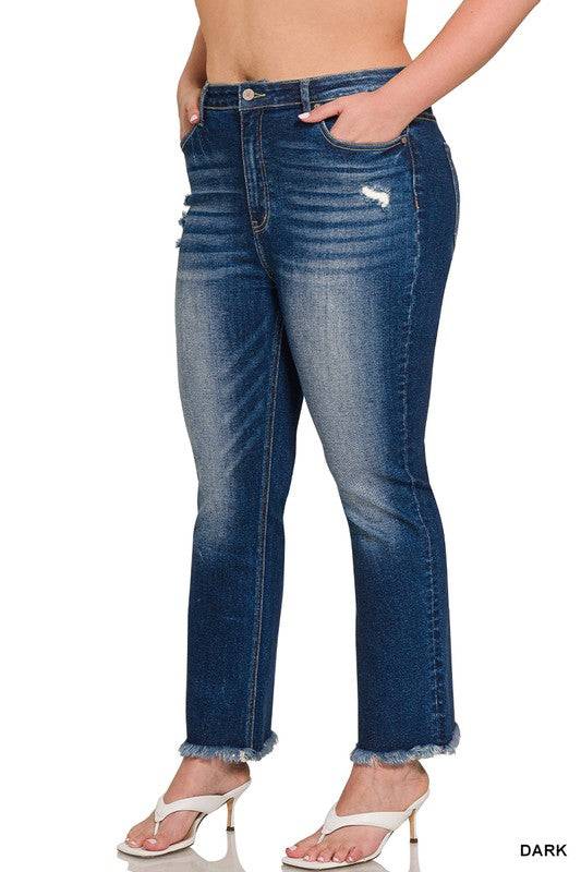 High Rise Straight Leg Cropped Denim – Raw Hem Distressed Stretch Jeans