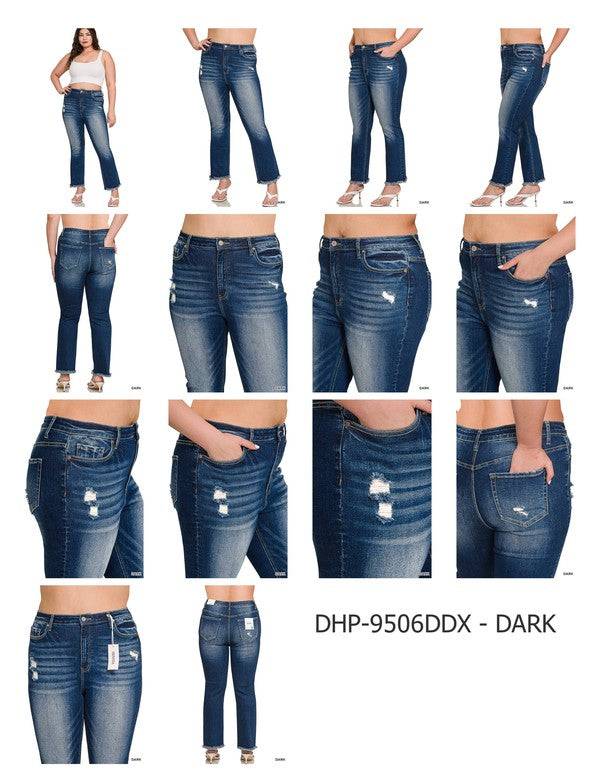 High Rise Straight Leg Cropped Denim – Raw Hem Distressed Stretch Jeans