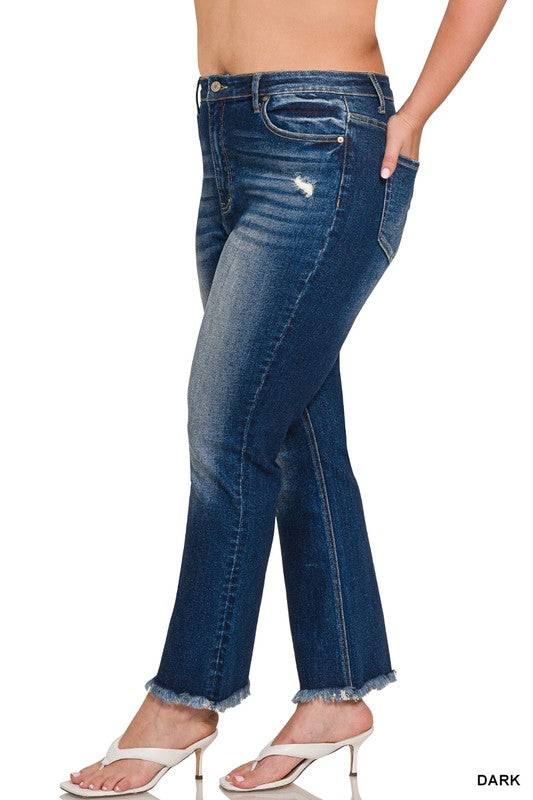 High Rise Straight Leg Cropped Denim – Raw Hem Distressed Stretch Jeans