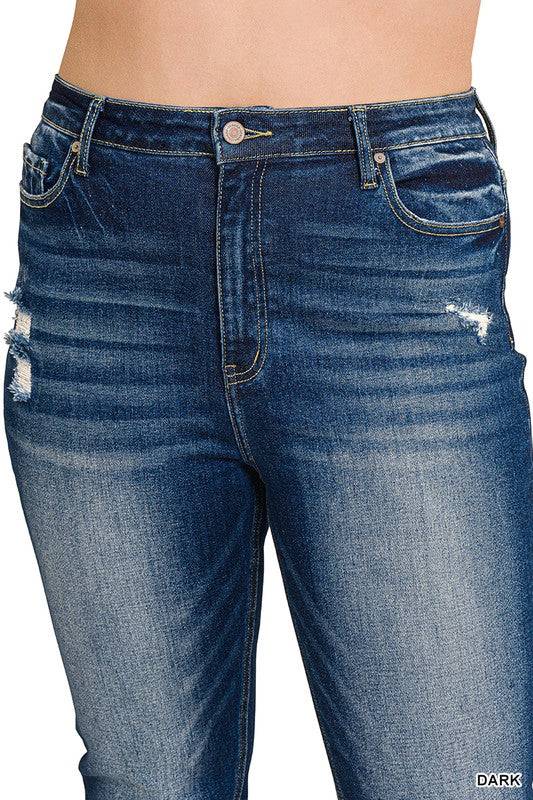 High Rise Straight Leg Cropped Denim – Raw Hem Distressed Stretch Jeans