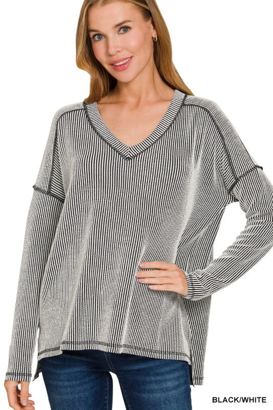 Raised Rib Long Sleeve Hi-Low V-Neck Top