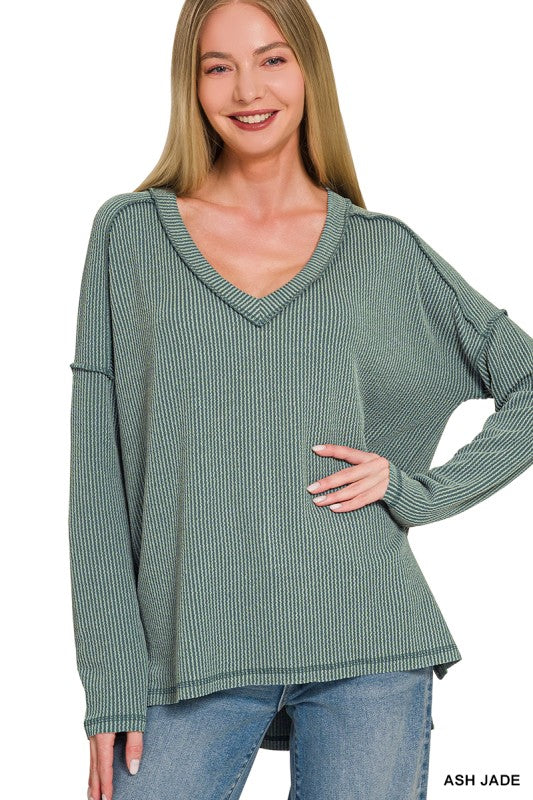 Raised Rib Long Sleeve Hi-Low V-Neck Top