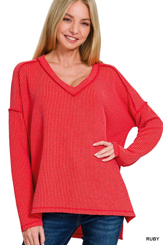 Raised Rib Long Sleeve Hi-Low V-Neck Top
