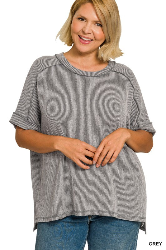 Raised Rib Cuff Sleeve Raw Edge Top