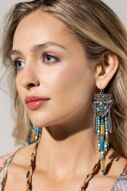 Wild West Fringe Steer Earrings