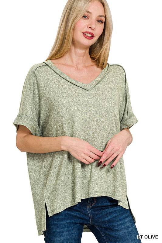 Soft Melange Hacci V-Neck Short Sleeve Hi-Low Tee