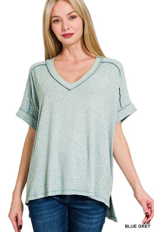Soft Melange Hacci V-Neck Short Sleeve Hi-Low Tee