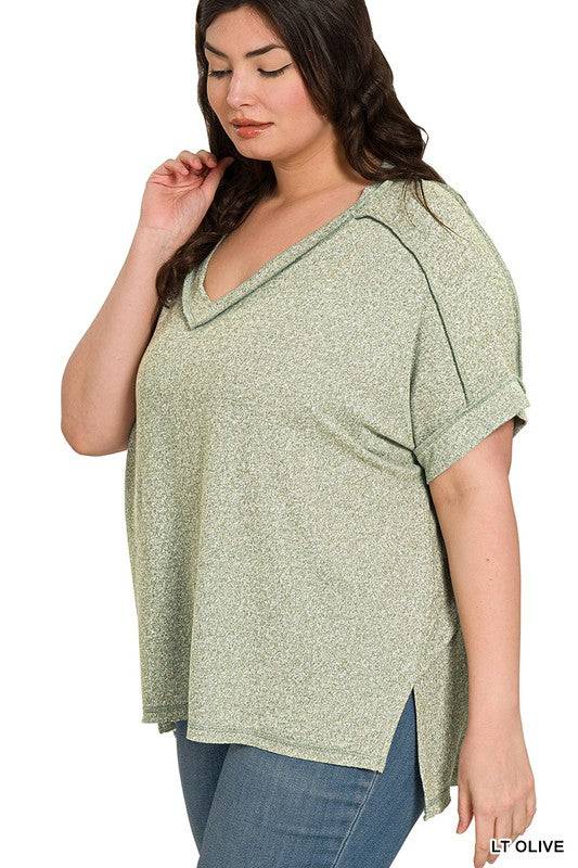Soft Melange Hacci V-Neck Short Sleeve Hi-Low Tee