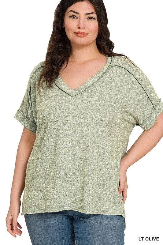 Soft Melange Hacci V-Neck Short Sleeve Hi-Low Tee