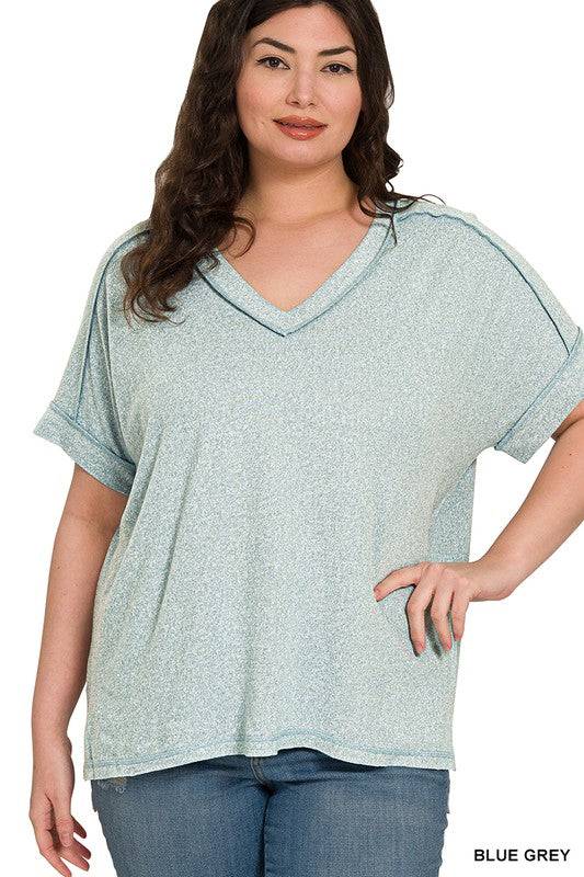 Soft Melange Hacci V-Neck Short Sleeve Hi-Low Tee