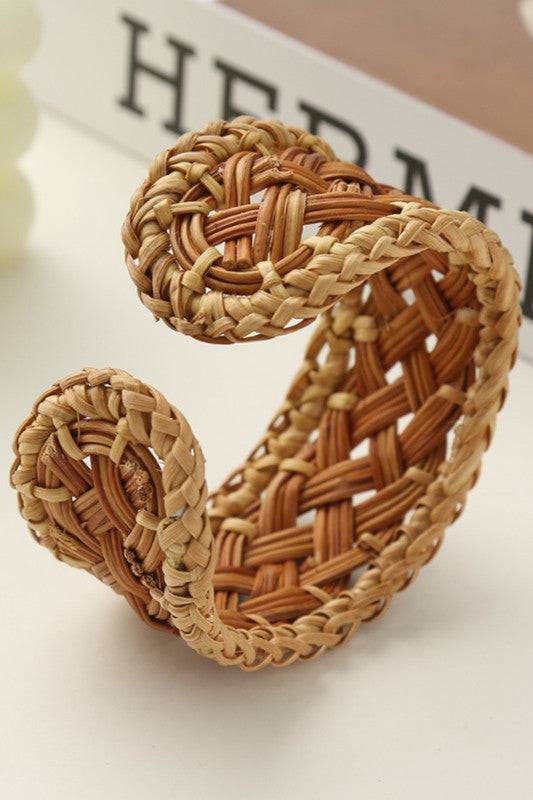 Beach Rattan Woven Wide Bangle Bracelet