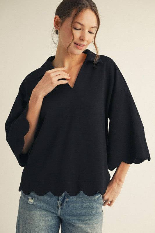 Scallop Edge Detail Solid V-Neck Top