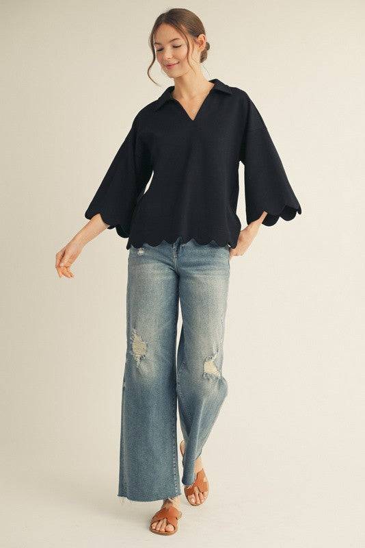 Scallop Edge Detail Solid V-Neck Top