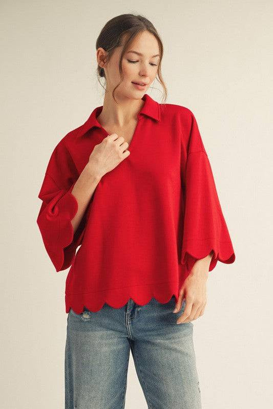 Scallop Edge Detail Solid V-Neck Top