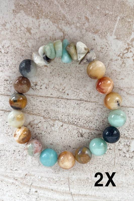 Mixed natural Stone Bead Bracelets with polished round and irregular beads in soft earth tones, offering a unique boho style.