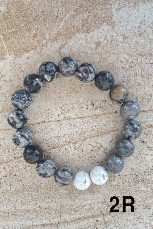 Gray and white marbled Stone Bead Bracelets with two white accent beads, ideal for monochrome or minimalist fashion.